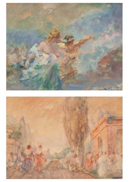 Gabriel GRIFFON (1866-1938) 

Scène animée et le couple. 

Deux aquarelles. 

Signées...