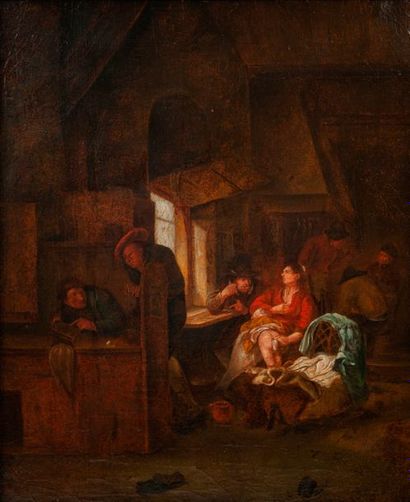 Dans le goût de David II TENIERS (1610-1690) 

Scène de taverne avec une mère changeant...