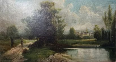 ECOLE FRANCAISE DU XIXème siècle 

Paysage au plan d'eau, sur fond de village, animé...