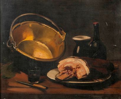 Dominique ROZIER (1840-1901) 

Nature morte au jambon et à la bassine en laiton....