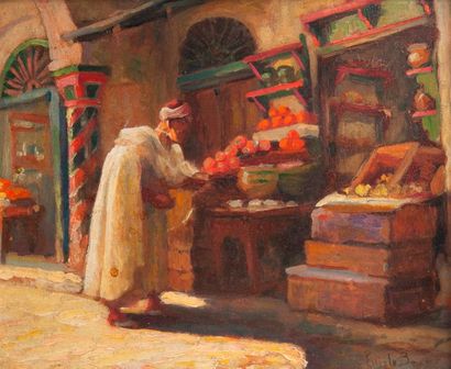 Suiveur d'Emile BOIVIN (1846-1920) 

Homme au souk. 

Huile sur carton. 

Signée...