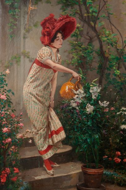 Louis-Robert Carrier-Belleuse (1848-1913) 

Elégante arrosant ses fleurs. 

Huile...