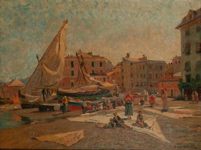 Hans Ritter von PETERSEN (1850 - 1914) 

Vue de port.

Huile sur panneau. 

Signée...