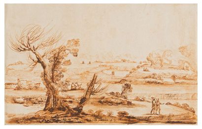 École BOLONAISE du XVIIIe siècle Paysage fluvial au bouquet d'arbre avec promeneurs...