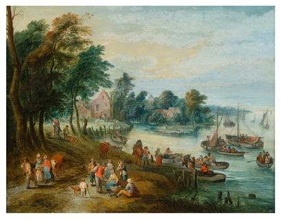 Théobald MICHAU (Attribué à) 
Tournai 1676 - Anvers 1765
Paysage fluvial avec marchande...