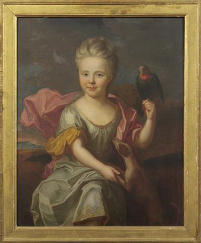 ECOLE FRANCAISE vers 1700 Portrait de fillette avec son chien et un perroquet Huile...