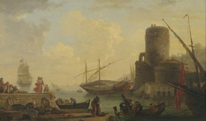 VERNET Claude Joseph (Ecole de) 1714 - 1789 Scène de port Huile sur toile H. 54 -...