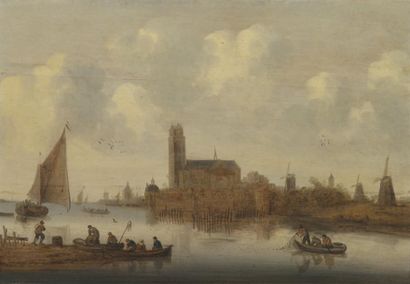 ECOLE HOLLANDAISE du XVIIe siècle Paysage fluvial avec des personnages en barque...