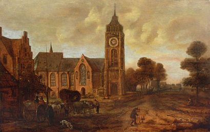 AERT Van der NEER Amsterdam 1603/04 - 1677 Rue de village longeant une église avec...