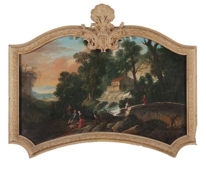 ECOLE FRANCAISE du XVIIIe siècle Paysage de campagne au torrent avec de petits villageois...