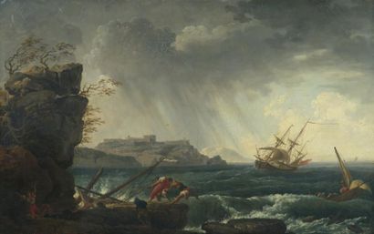 VERNET Claude-Joseph 1714 - 1789 Tempête et scène de naufrage le long des côtes Huile...