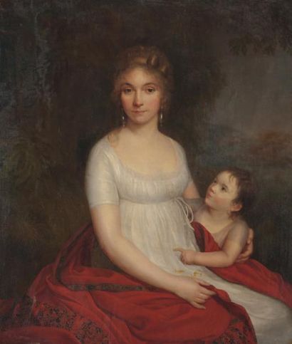ECOLE FRANCAISE Vers 1800 Portrait d'une mère et de son jeune enfant dans un parc,...