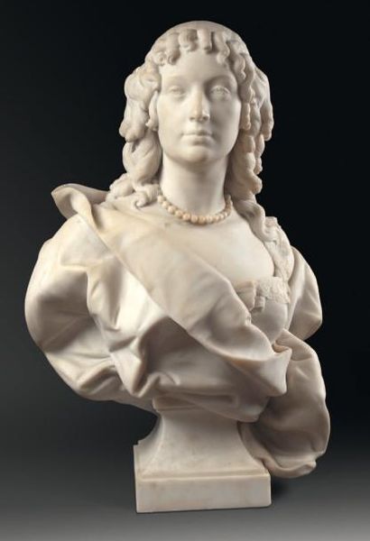 null BUSTE de jeune femme en marbre blanc. Style XVIIe siècle, fin XIXe - début XXe...