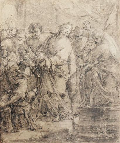 Ecole italienne du XVIIe siècle 
Le Christ devant Caïphe
Pierre noire et estompe....