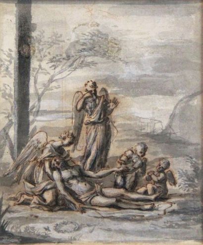 Ecole française Seconde Moitié du XVIIe siècle 
Le Christ mort pleuré par les anges.
Plume,...