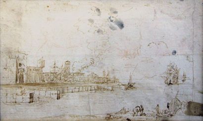 École Française du XVIIe siècle 
Vue de port avec vaisseau et voilier dans la rade.
Plume...