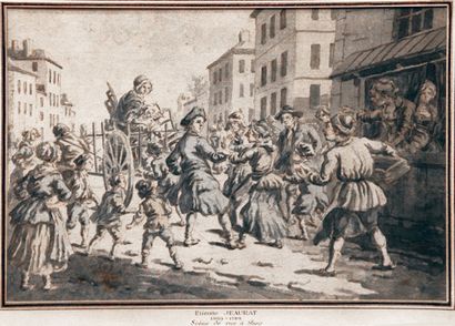 JEAURAT Etienne (Attribué à) 1699 - 1789 
Two street scenes in Paris.
1 - A man being...