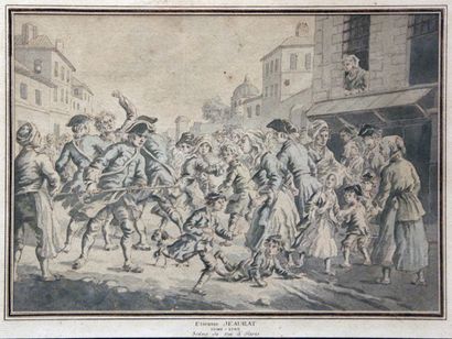 JEAURAT Etienne (Attribué à) 1699 - 1789 
Two street scenes in Paris.
1 - A man being...