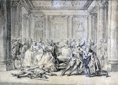 ECOLE FRANCAISE seconde moitié du XVIIIe siècle 
Duel dans un salon
Plume, encre...