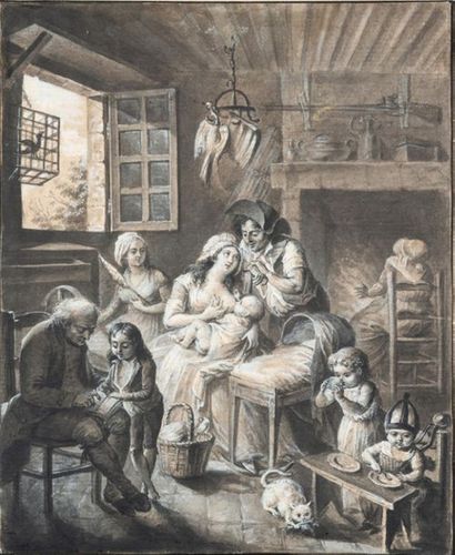ECOLE FRANCAISE seconde moitié du XVIIIe siècle 
L'Heureuse famille
Pinceau, lavis...