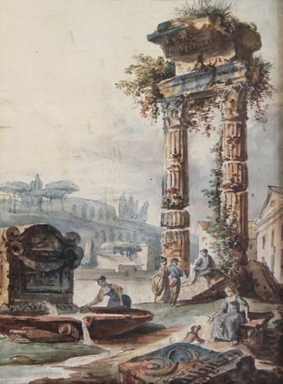 ECOLE FRANCAISE seconde moitié du XVIIIe siècle 
Villageoise à la fontaine et promeneurs...