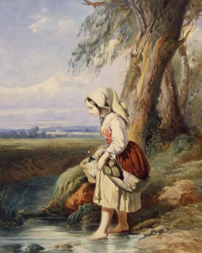 ECOLE FRANCAISE milieu du XIXe siècle 
Young village girl walking barefoot along...