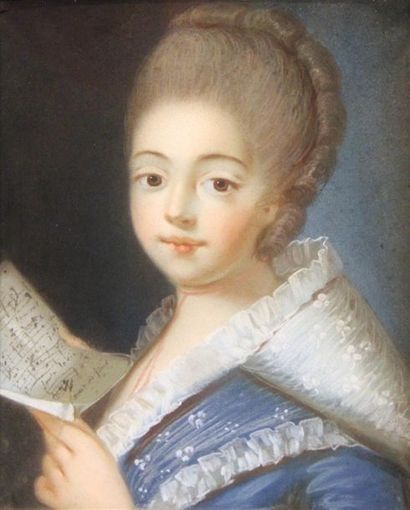 École FRANÇAISE du XVIIIe siècle 
Jeune fille à la robe bleue et partition de musique
Pastel.
H....