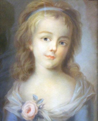 Ecole française dans le goût du XVIIIe siècle 
Portrait de fillette à la rose à son...
