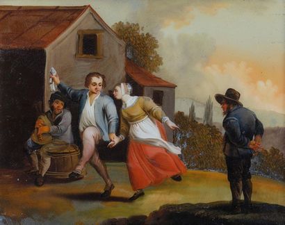 ECOLE HOLLANDAISE ou ALLEMANDE du XVIIIe siècle 1 - La Danse paysanne au son du violon;...