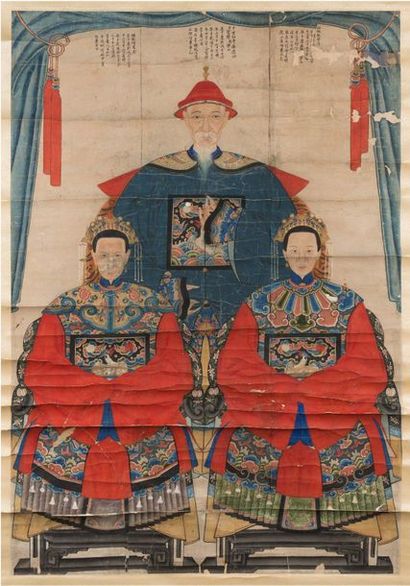 CHINE - XIXe siècle 
Deux encres et couleurs sur papier, portraits d'ancêtres dont...
