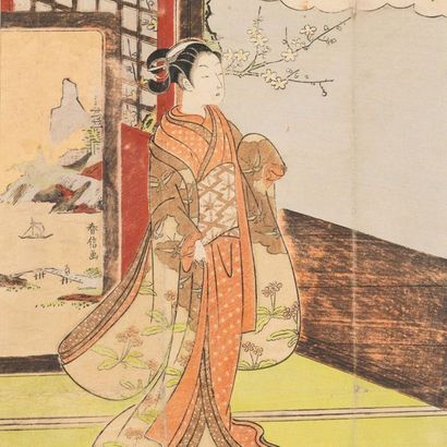 Suzuki Harunobu (1725 -1770) 
Chuban tate-e, jeune femme se tenant sur une véranda...