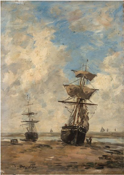 Eugène BOUDIN (1824 - 1898) 
Voiliers, marée basse, vers 1883 - 1887
Huile sur panneau,...