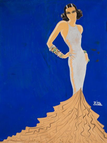 Louis GAUDIN dit ZIG (1882 - 1936) • La robe longue Gouache sur papier marouflé sur...