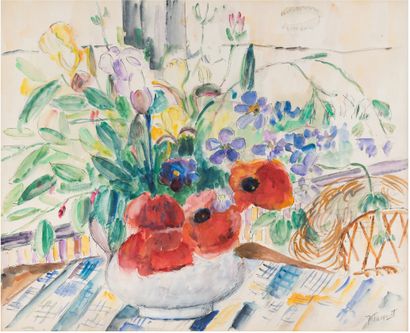 Pierre THEVENET (1870 - 1937) Vase de fleurs sur la nappe Encre et aquarelle, signée...