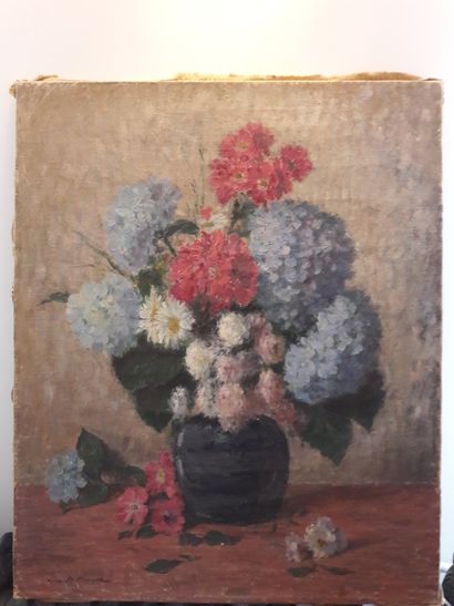 Léon BELLEMONT (1866 - 1961) 
Bouquet varié aux hortensias
Huile sur toile, signée...