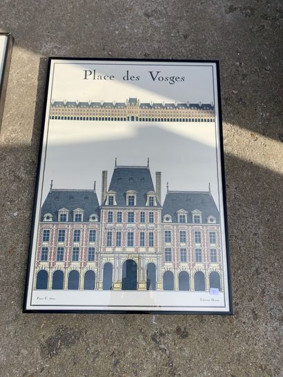 null Sept pièces encadrées dont: carte de Paris et sa région, Place des Vosges, affiche...