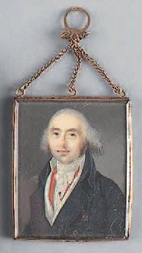 ÉCOLE FRANÇAISE VERS 1800 Portrait d'homme en habit gris, gilet blanc et rouge. Miniature...