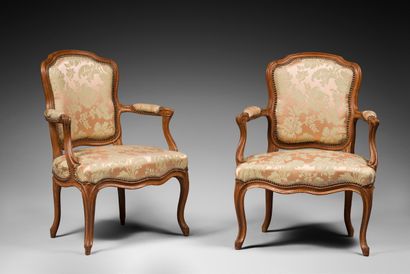 null Pair of beechwood CABRIOLET CHAIRS, the armrests are whip-like and the legs...