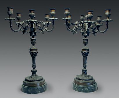 null Pair of large patinated bronze CANDELABRES with six arms. Green marble base.
Composite...
