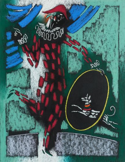 VYTAUTAS KASIULIS (1918 - 1995) Harlequin, jumping through the hoop.
Pastel, signed...