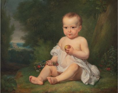 LABY Auguste Francois. Portrait of a little child in a park.
He is holding an apple...