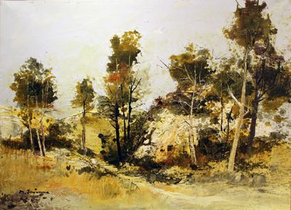 Michel JOUENNE (né en 1933). Chemin entre les arbres.
Huile sur toile, signée en...