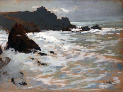 Henri Eugène CALLOT (1875-1956). The coast, 1949.
Gouache on cardboard, signed and...
