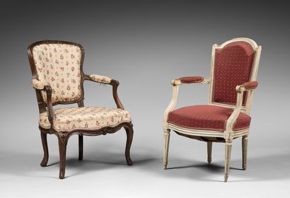 null TWO CABRIOLET CHAIRS:
- in stained wood, with violin back, stamped by Louis...