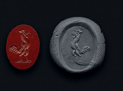 null Intaille en jaspe rouge gravée d'un coq debout sur une ligne de base.
Art romain,...