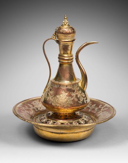 null Ewer with its basin and gilded copper soap dish (tombak). 
 Beautiful ewer with...