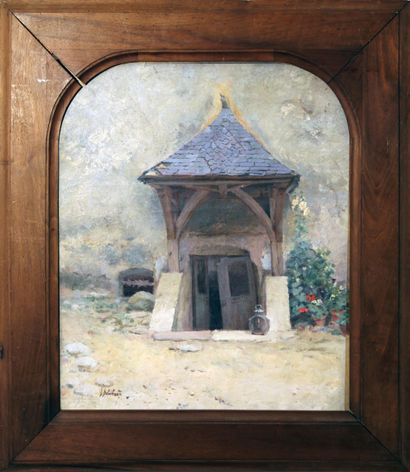 Léon DELACHAUX (1850 - 1919). L'entrée de la cave.
Huile sur toile, signée et dédicacée...