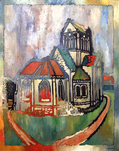 VYTAUTAS KASIULIS (1918 - 1995) L'église d'Auvers sur Oise.
Huile sur toile, signée...