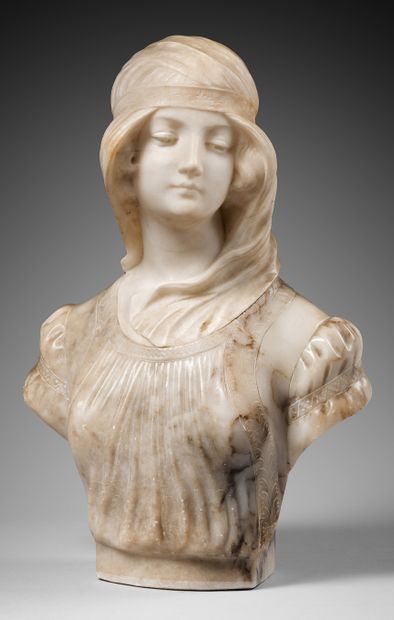 Gugliemo PUGI (1850-1915). Young woman in bust.
Sculpture in two shades of alabaster....