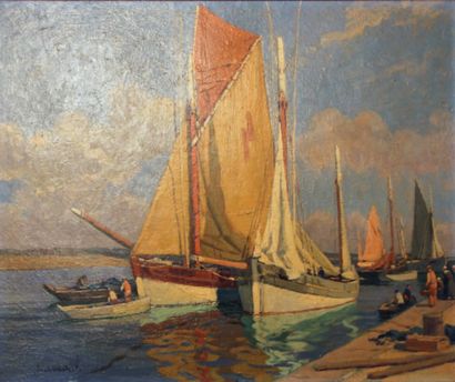 PAUL ANDRÉ JEAN ESCHBACH (1881 - 1961) Tuna boats at quay, Concarneau.
Oil on canvas,...